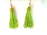 Green Seed Bead Fishhook Tassel Earrings