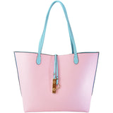 The reverse light pink side of the baby blue tote with baby blue handles