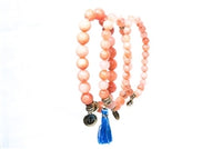 3 piece Coral stone Stretch Bracelet Set w/ royal blueTassel