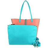 Both pieces of our Turquoise/Coral Reversible tote; inner zippered bag with OTS or crossbody strap