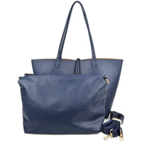 Pic of both pieces of the Navy/Khaki Reversible Tote; inner zippered pouch with OTS or crossbody strap