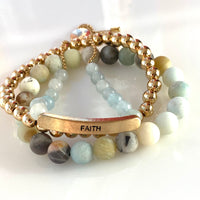 FAITH charm slider in pplished blue stones, with an 8MM blue/green beaded stretch and  a petite gold beaded stretch