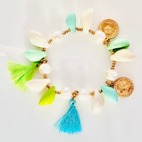 Puka Shell Turquoise and Lime Tassel Stretch
