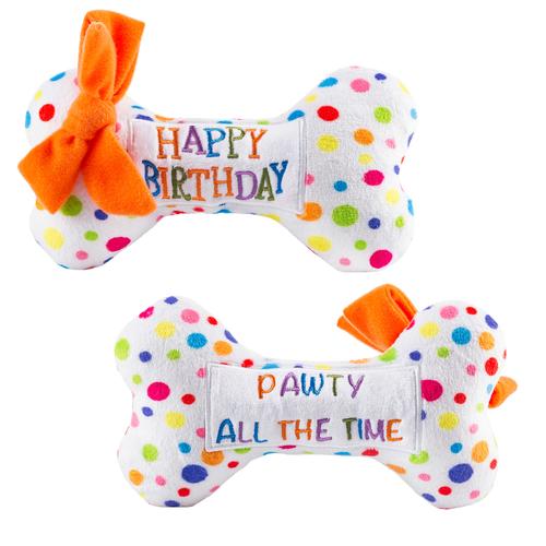 Happy birthday dog bone with multicolor polka dots and two side sentiment. One side says Happy Birthday, the other Pawty All the Time