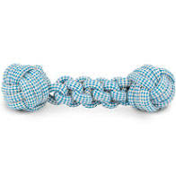 100% cotton rope dog tug toy with knotted balls at each end in royal blue and white rope