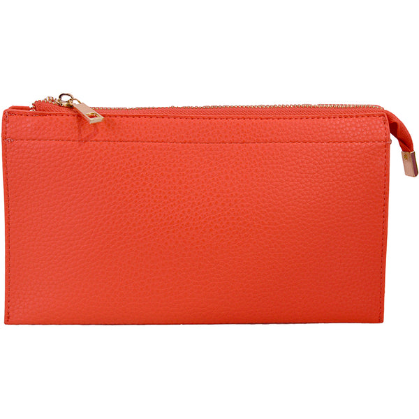 This is It! clutch shown in a great orange.  Included wristlet strap and OTS/crossbody straps are inside.
