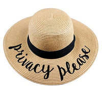 Paper Sunhat in Natural with Black Privacy Please embroidered sentiment and black grosgrain ribbon
