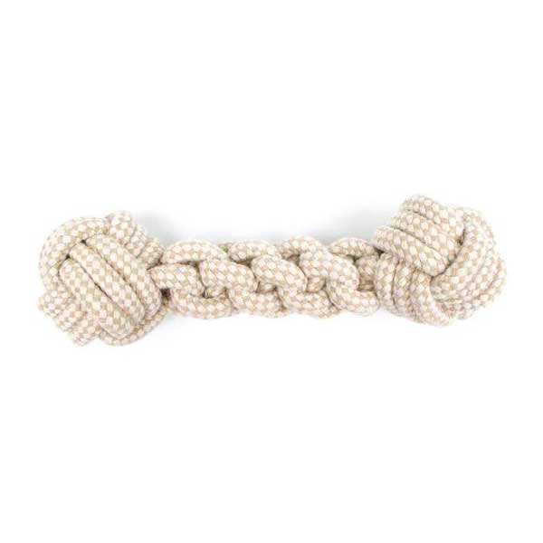 100% cotton rope dog tug toy with knotted balls at each end in sand (tan) and white rope