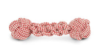 100% cotton rope dog tug toy with knotted balls at each end in red and white rope