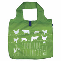Green bag with white farm animals saying Support Your Local Farmers with a zippered pouch