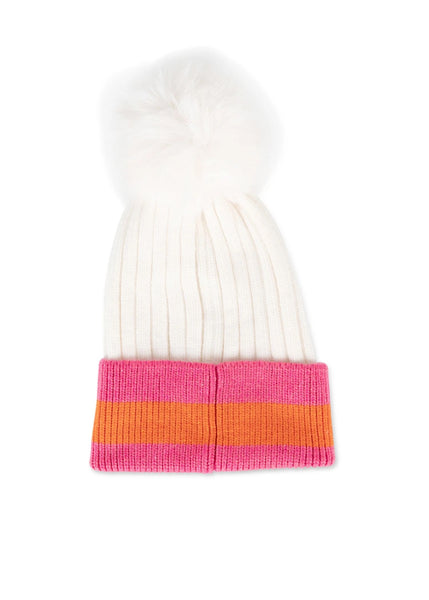 Winter white pom pom hat with pink and orange stripe