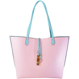 The reverse light pink side of the baby blue tote with baby blue handles
